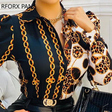Yipinpay Women Chic Fashion Chain Pattern Turn Down Collar Long Puff Sleeves Casual Blouses Tops